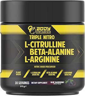 Body Builder Ultimate Nitric Oxide Booster - Triple Nitro with L-Citrulline, Beta-Alanine, L-Arginine - Blue Raspberry Flavor, 30 Servings, 270g