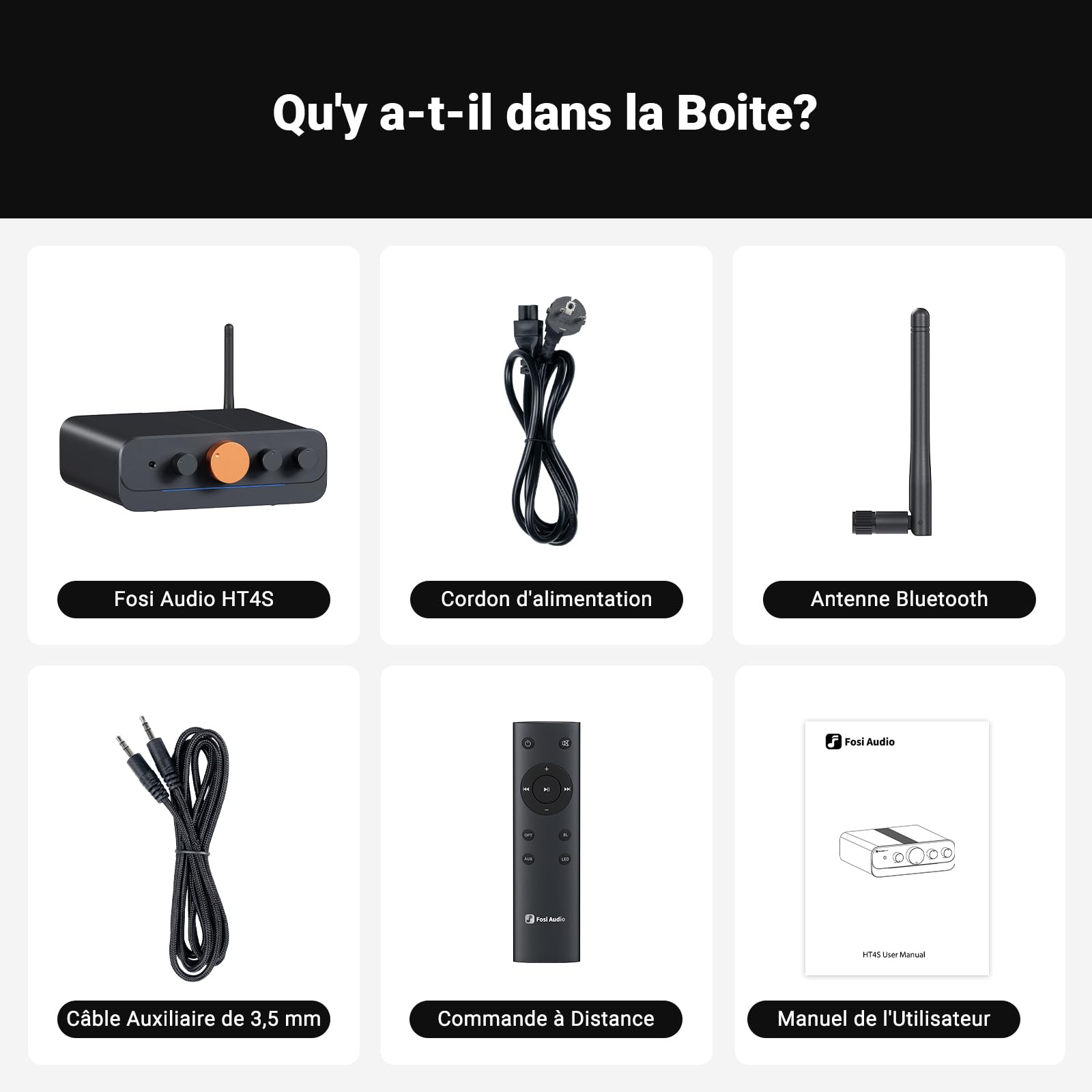Fosi Audio HT4S Amplificateur Bluetooth, Amplificateur Audio Stéréo 4.1/5.0 Canaux, 4 Canaux pour Bass Shaker Sim Racing Cockpit, avec Entrée AUX/Optique et Télécommande, pour Haut-Parleurs Extérieurs