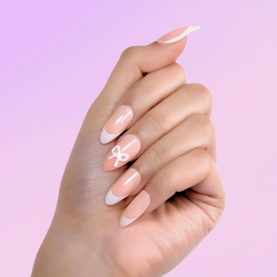 Stick-On Nails | 24 Reusable Press-On Nails with Easy Glue Tabs | Light Pink Nude Base with White French Tips & 3D Bow | Quick & Durable DIY Manicure | Unbreakable & Comfortable False Nails Set | Parisian Dream-image-11