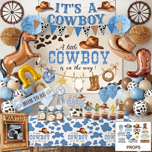 Premium Cowboy Baby Shower Decorations for Boy A Little Cowboy is on the Way Decorations Western Baby Shower Decor with Backdrop Balloons Banner Table Decor Sash Photo Props and More