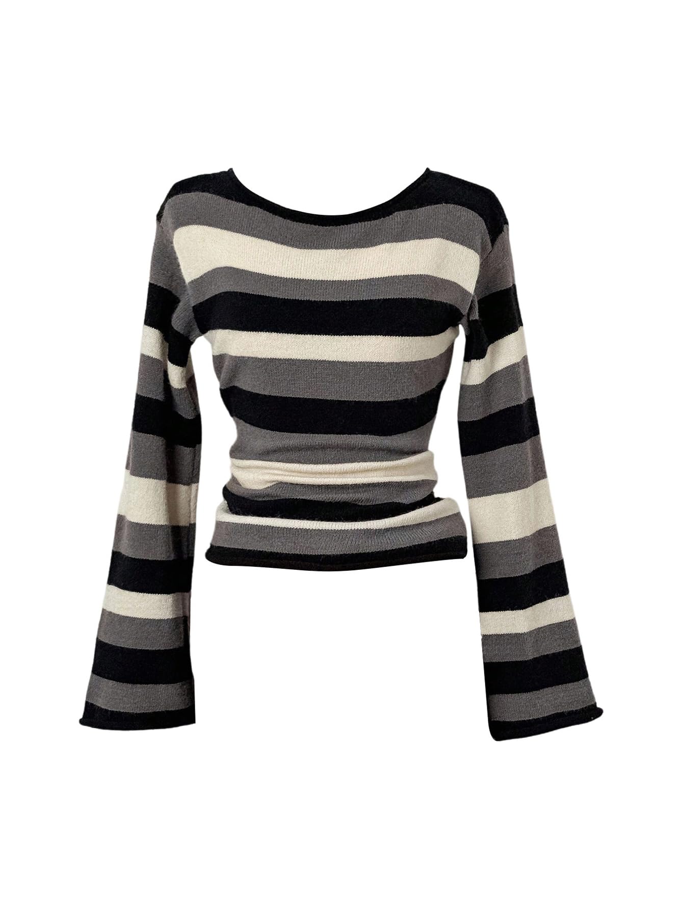 Milumia Womens Color Block Striped Knit Sweater Long Bell Sleeve Ribbed Knit Tops