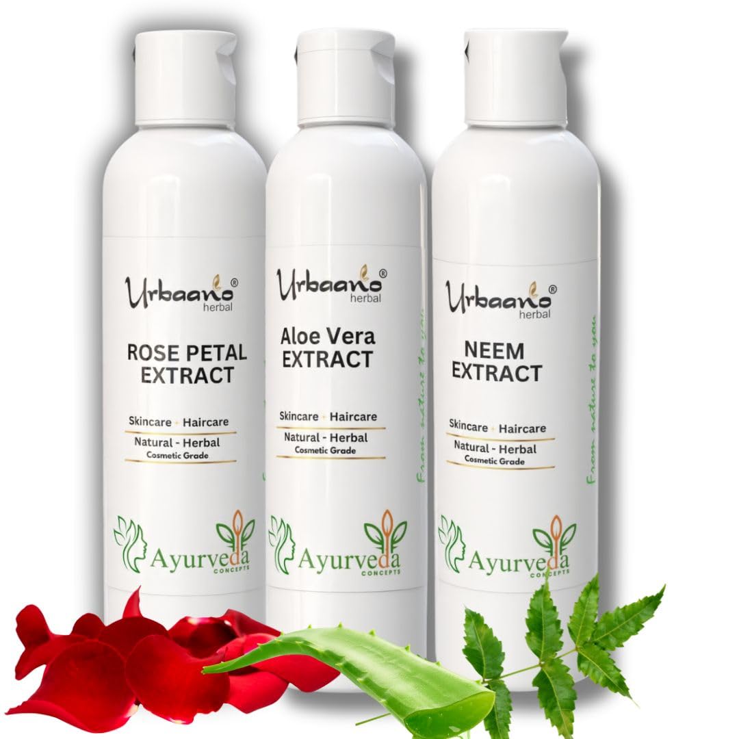 Natural Aloe vera, Rose Petal & Neem Extracts - Ingredient for making DIY Skin, Hair & Body Care Products 100ml Each (100ml x 3)
