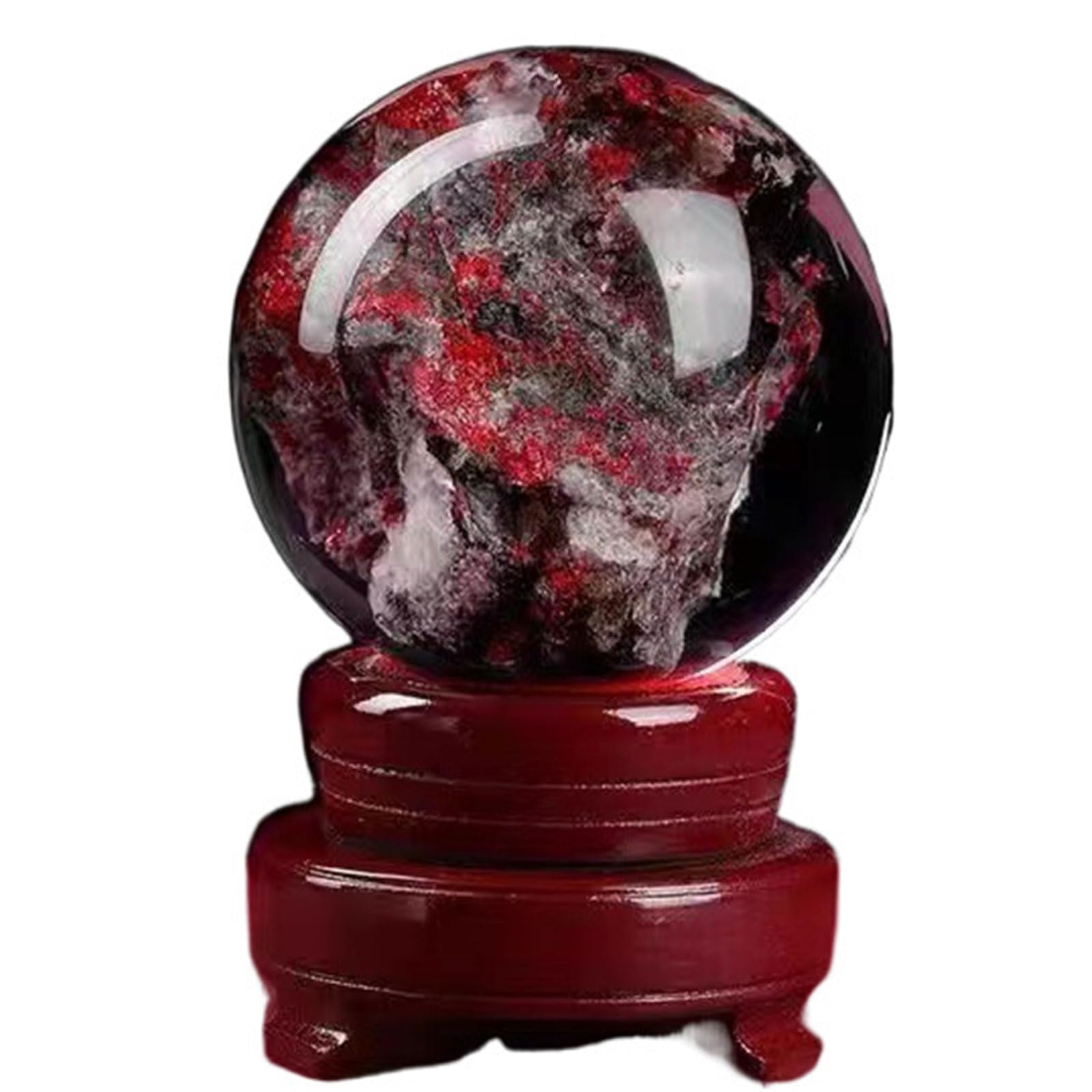 Gran Bola de Cristal de curación - Sphere de ornamería de Cuarzo Natural Cinnabar - Decoración de Piedra Pulida con Soporte de Madera para la adivinación y decoración del hogar,10cm/3.9"