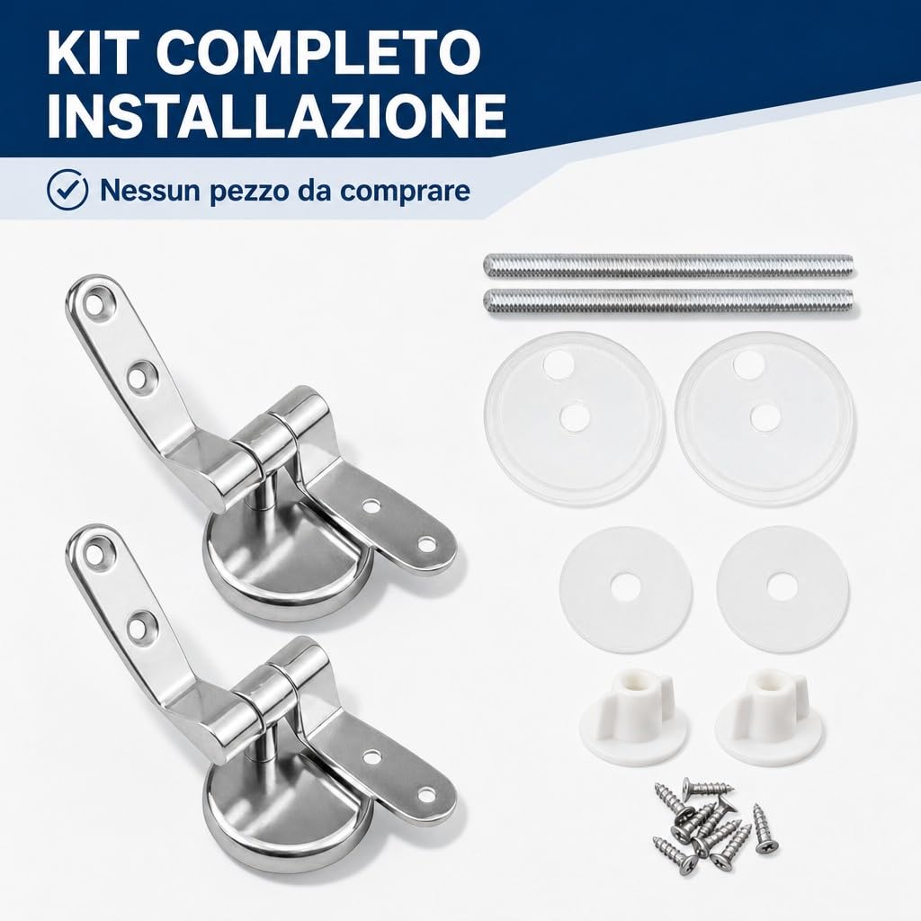 Cerniere Copriwater Universali Acciaio Inox HM con Viti e Guarnizioni, Kit Fissaggio Sedile WC Rotondo MDF Legno Resina, Ricambio Tavoletta WC