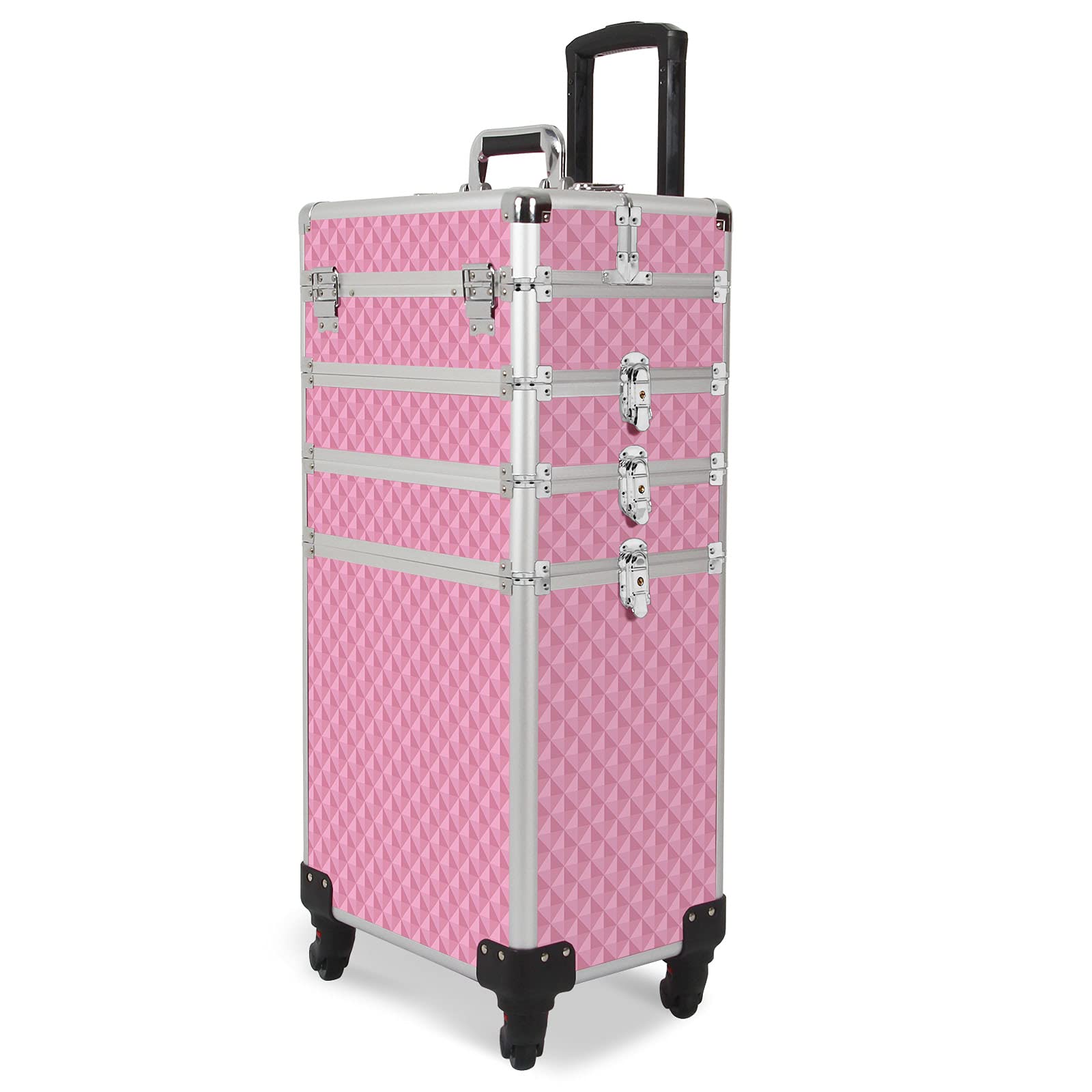 CAMORSA 4 in 1 Professional Makeup Train Cases Large Storage Cosmetic Case 4 Wheels Lockable Rolling Makeup Trolley Diamond Surface (PINK)