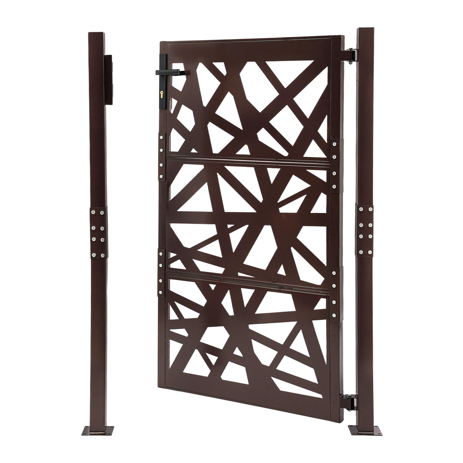 Cancello da giardino, 105 x 150 cm, doppia colonna, in metallo, con 7 chiavi e angolo di chiusura a 180°, per magazzini, giardini, cortili interni (marrone)