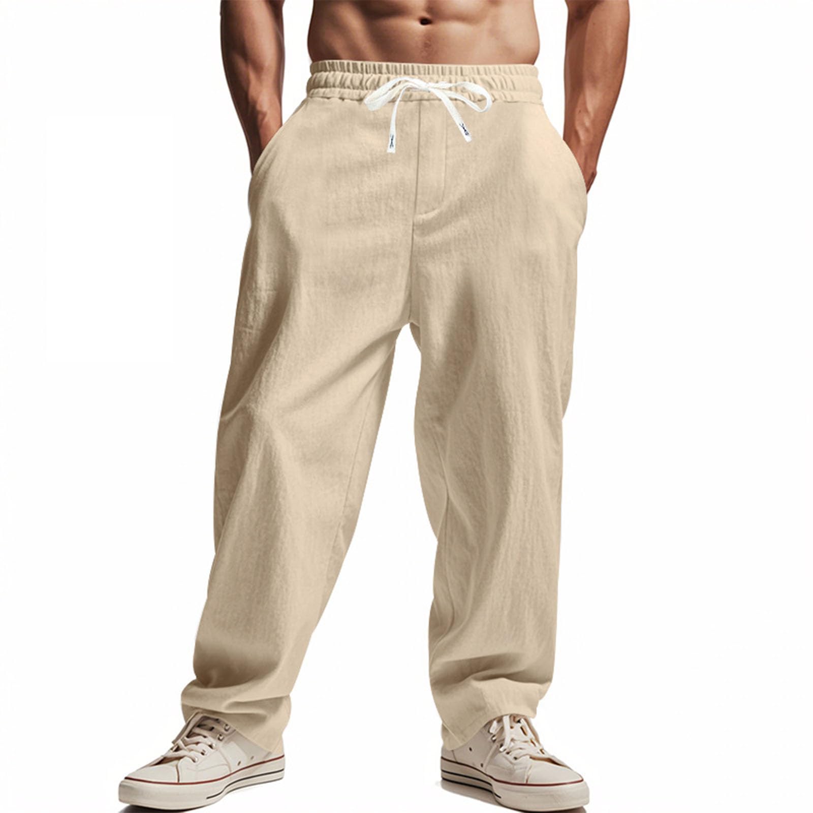Mens Linen Pants Casual Summer Beach Pants Elastic Waist Drawstring Lightweight Fit Vacation Trousers with Pockets