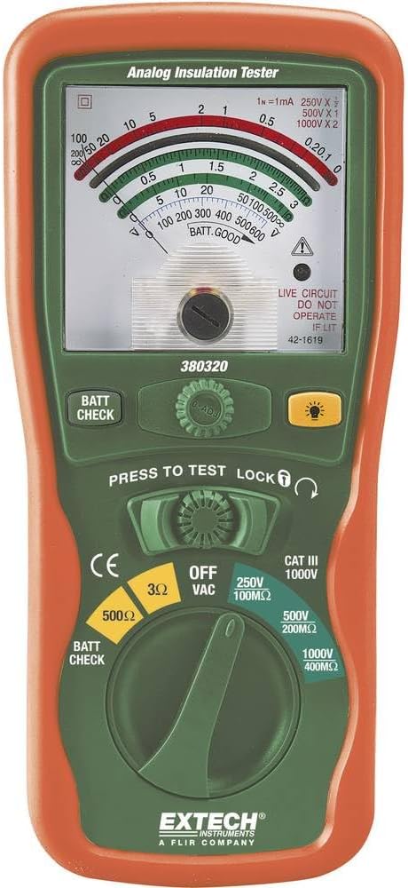 380320 Analog Insulation Tester - Megohmmeter for 250V, 500V, and 1000V Test Voltages - Measures Resistance to 400MOhm - Large Dial Display, Hard Case Included - Handheld | Insulation to 400 MOhm, analog dial, lock power-on, AC volts to 600V, hard case, leads, batteries