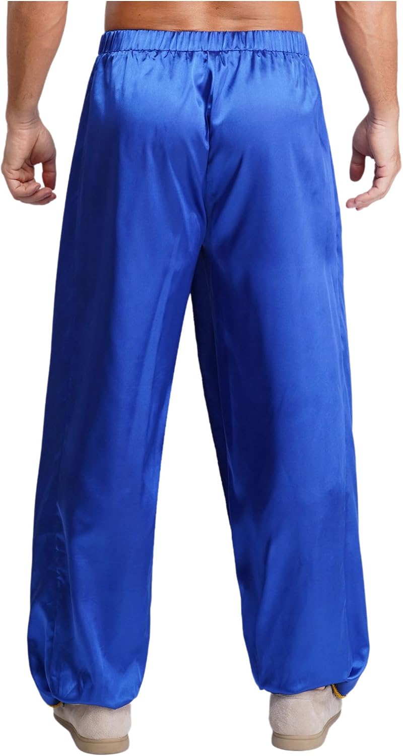 YiZYiF Men's Gold Trim Arab Pants Satiny Baggy Harem Dhoti Palazzo Irregular Overlay Cosplay Party