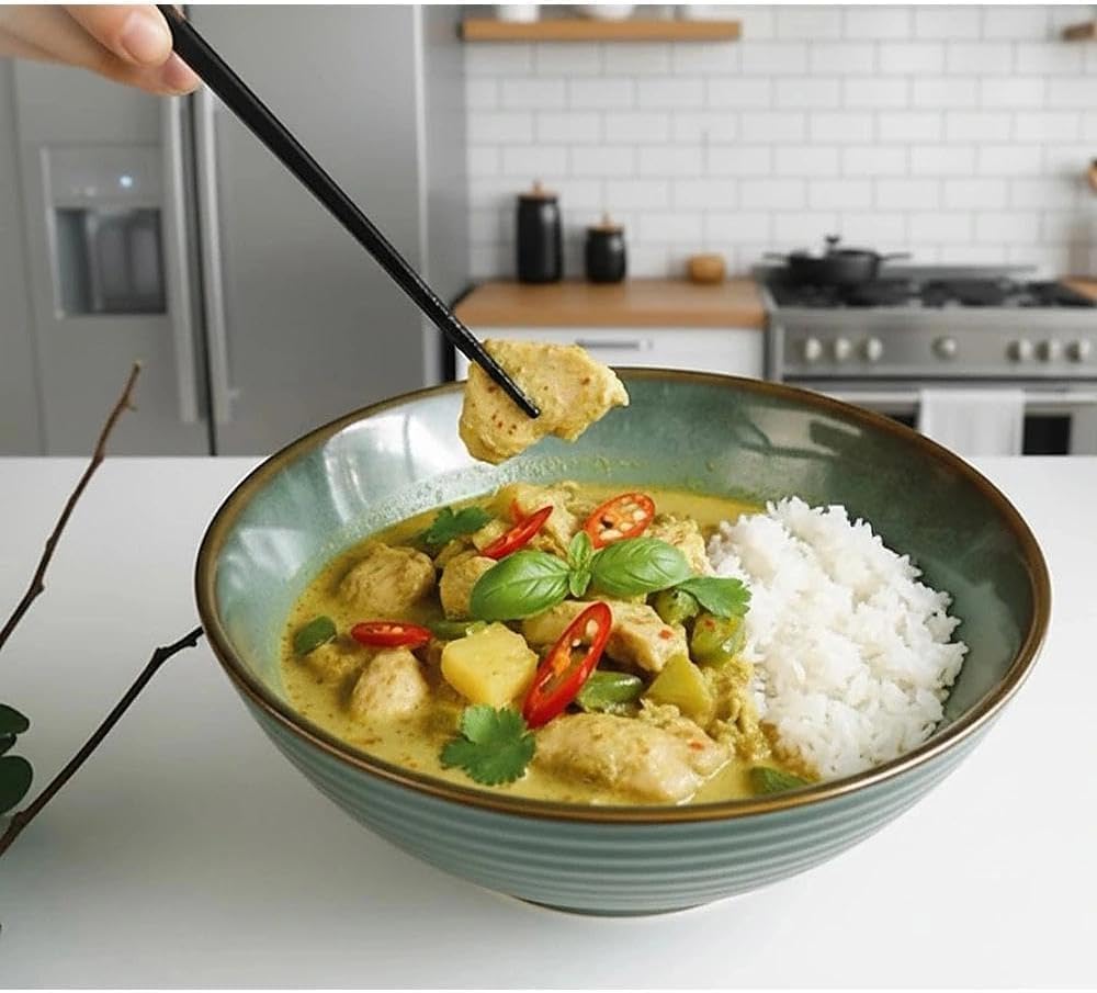 Ramen Bowl - Ciotola da 1200 ml, con bacchette e cucchiai, per zuppa, pasta, macedonia, 2 pezzi (verde retrò)