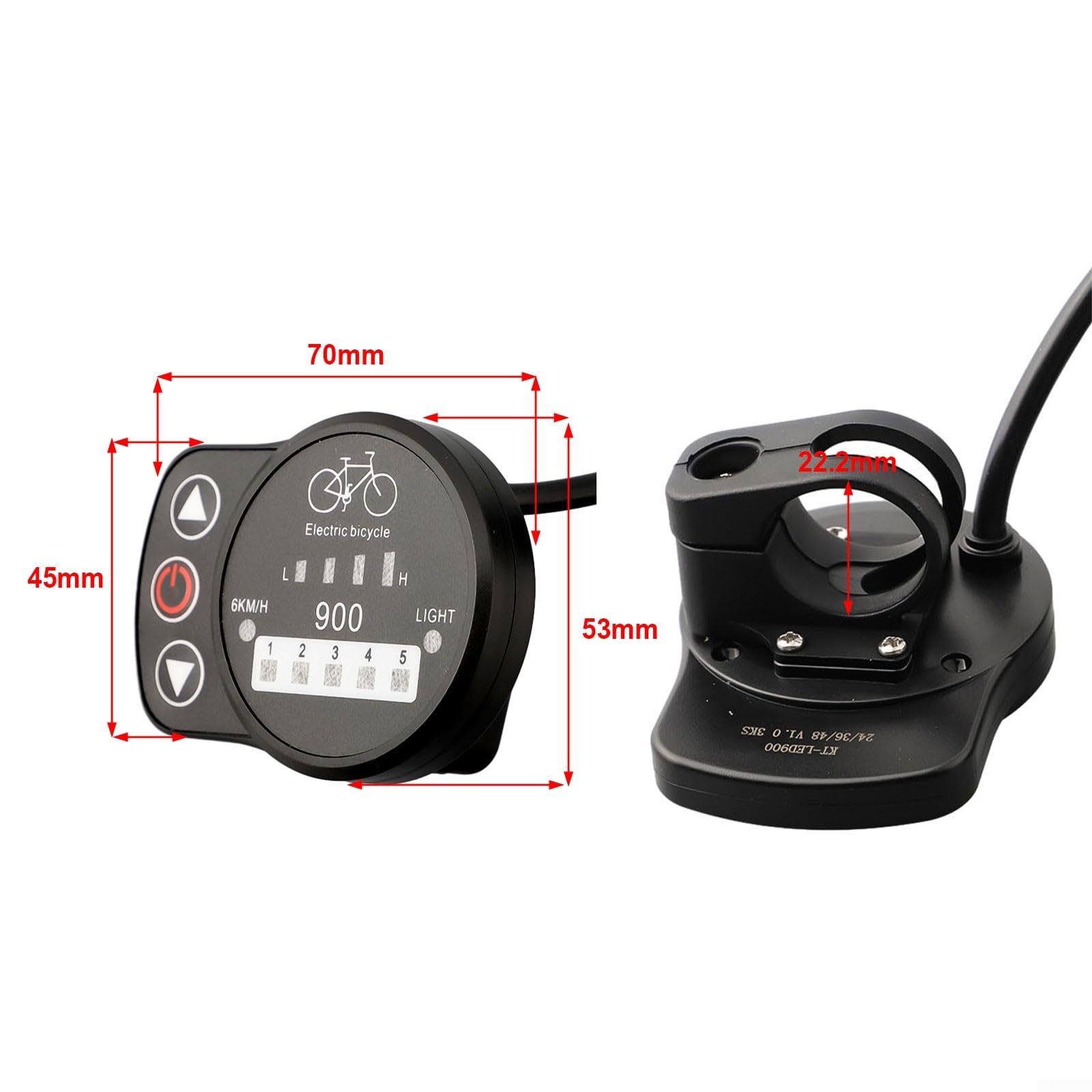 LED900S Pannello di controllo per bici elettrica per sistema KT 24 V 36 V 48 V con 5 modalità di assistenza e 6 km/h Walk Aid, 22,2 mm Bar Mount Display LCD per ciclismo
