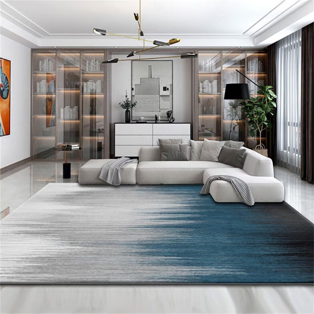Tapis moderne abstrait motif rayé pour salon et bureau contemporain
