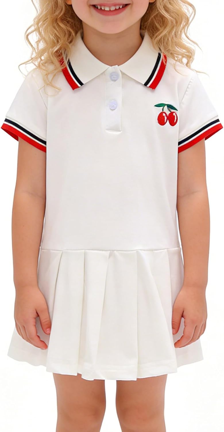 Toddler Baby Girls Polo Dress Cherry Embroidered Short Sleeve Pleated Tennis Dress A-Line Playwear Sundress 1-6T