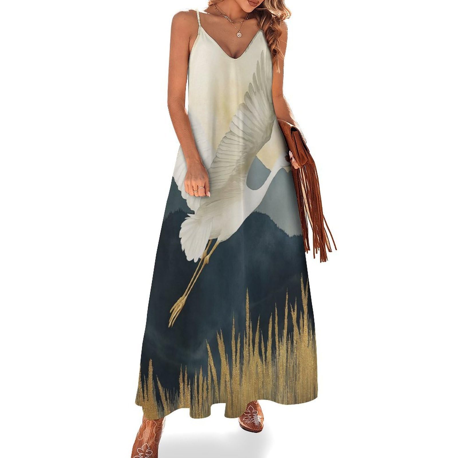 Abito Estivo da Donna - Gru Animali Abito Lungo Ampio Senza Maniche con Scollo A V E Spalline Sottili, Modello A Trapezio, Elegante Abito da Festa.