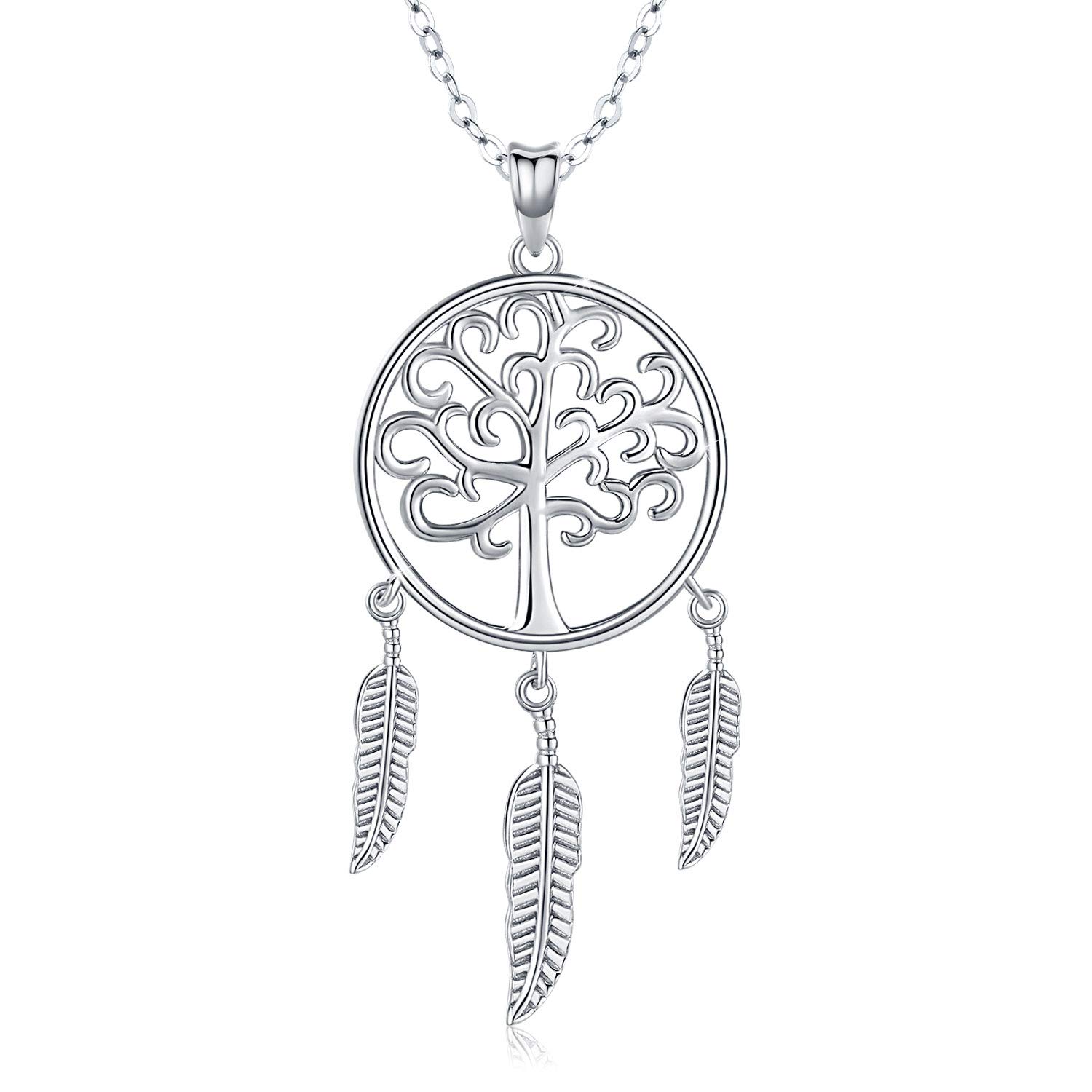 Tree of life Necklace 925 Sterling Silver Circle Dream Catcher Necklace for Women Native American Style Dream Catcher Jewelry for Women Bridesmaid Gifts Daughter Gifts Birthday Gifts