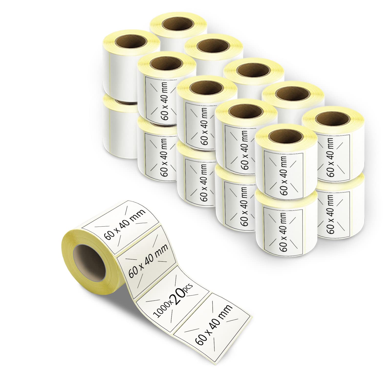 m MU Étiquettes Autocollantes，20X Rouleau 60X40 MM，20000 Pièces Par Rouleau Étiquettes À Transfert Thermique Adhésives Universelles Blanches À Imprimer Dans Des Imprimantes Thermiques|6×4CM