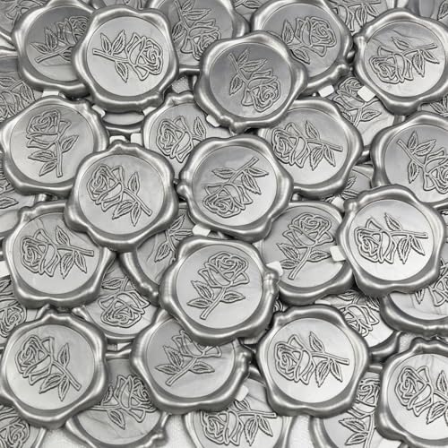 50 Pcs Silvery Wax Seal Stickers - Rose Style, Self Adhesive Wax Seal for Wedding Invitation, Easy Use Good Adhesion, Silvery Rose Envelope Stickers Perfect for Invitation or Seating Chart
