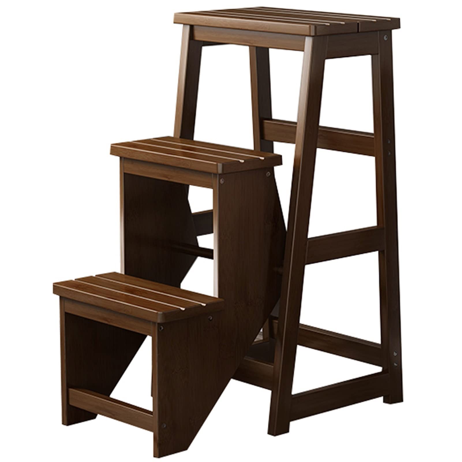 Taburete plegable portátil de 3 niveles con escalones antideslizantes, estante y silla multifuncional para cocina, garaje, sala de estar, biblioteca, mostrador plegable, escalera, color marrón.