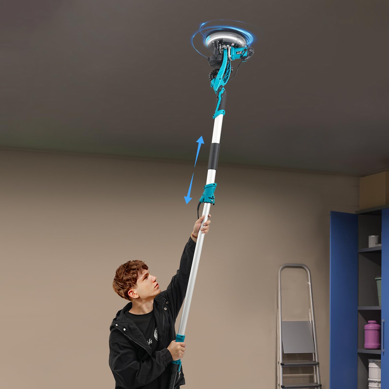 Szlifierka do suchej zabudowy, 1250 W, 90°, składany wysuwany uchwyt, szlifierka ścienna z oświetleniem LED i 6 papierem ściernym, 900-1800 obr./min, szlifierka sufitowa do suchej zabudowy (niebieska)