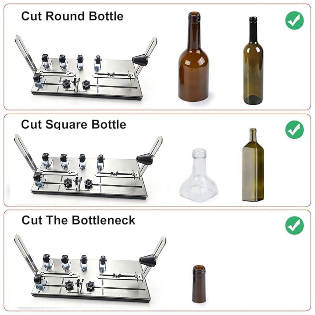 Cortador de botellas de vidrio profesional con 2 cuchillas carburo que proporciona una estabilidad excelente con 5 ruedas soporte para botellas redondas El cortador, Negro