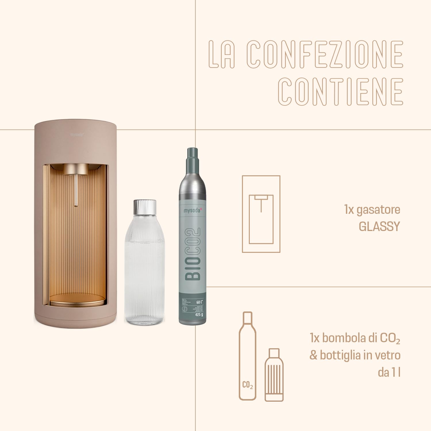 Mysoda Glassy - Gasatore d’acqua per l’acqua frizzante con bottiglia in vetro e bombola CO2 inclusa - Beige (latte)