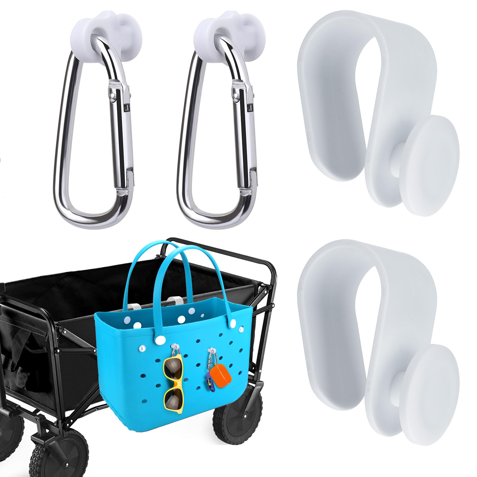 Mity rain Upgraded 2-in-1 Insert Hooks Accessories for Bogg Bag and Simply Southern Totes, Dual Carabiner Key Holder Charms - Space Save and Quick Key Finder for Large/Small Beach Bags (White)
