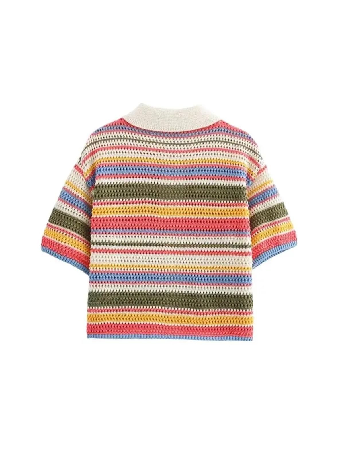 Cardigan Mujer Corta Suéter de Punto Crochet a Rayas, Cuello Polo, Manga Corta, Abotonado, Ropa Abrigo