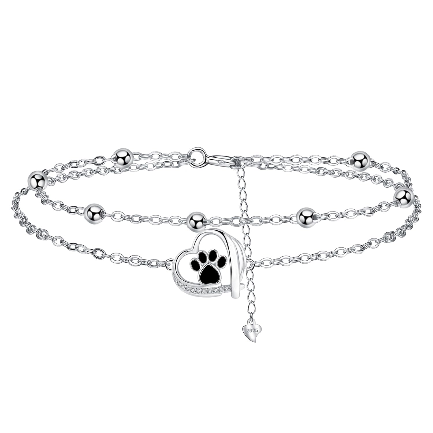 Bracelet de Cheville Femme Argent Sterling 925 Double Chaînes Été Pieds Nus Plage Chaînes de Cheville-Réglable 22+4cm