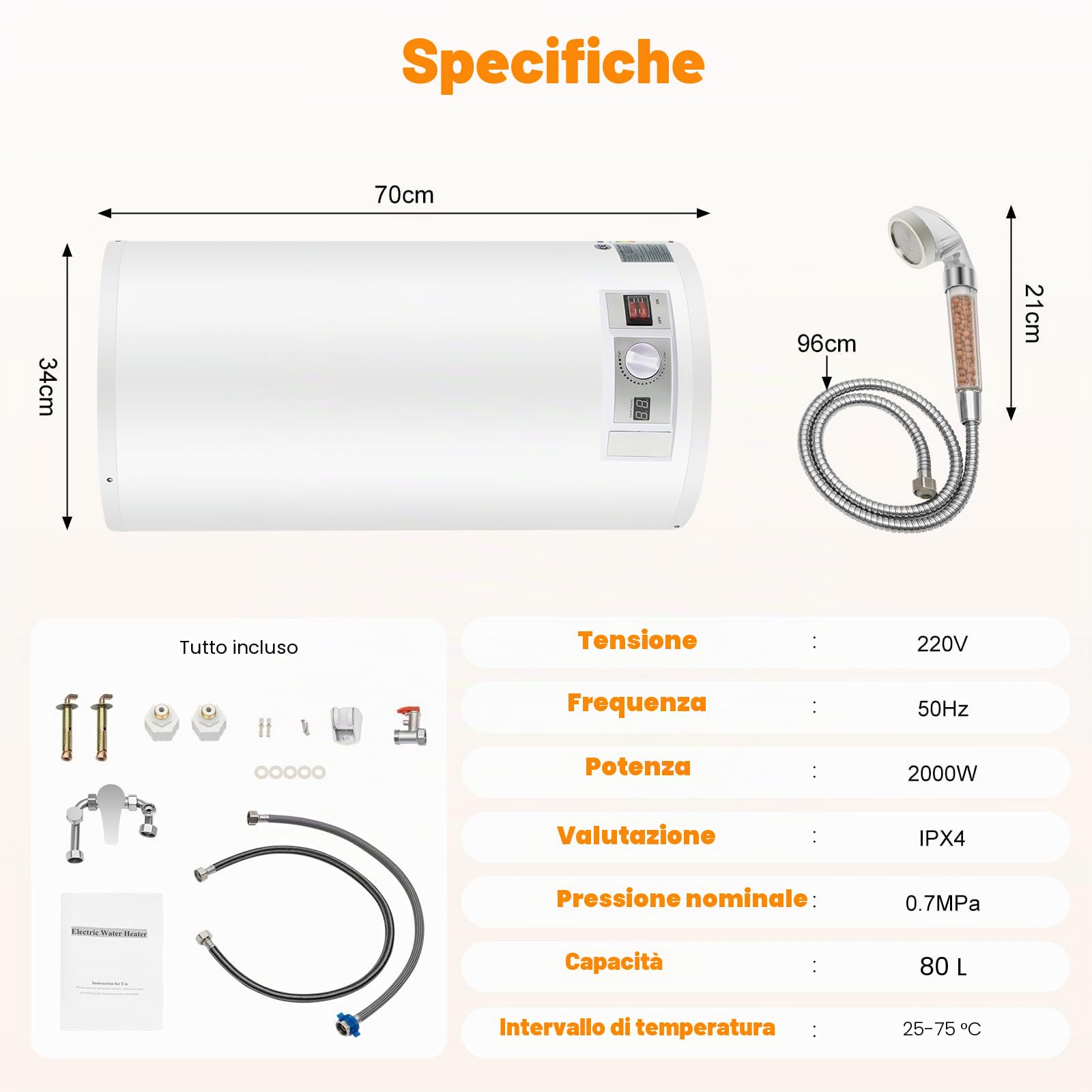 Scaldabagno istantaneo da 2000 W, 50 l, 220 V, scaldabagno elettrico, con indicatore di temperatura LED, controllo della manopola, per cucina e bagno