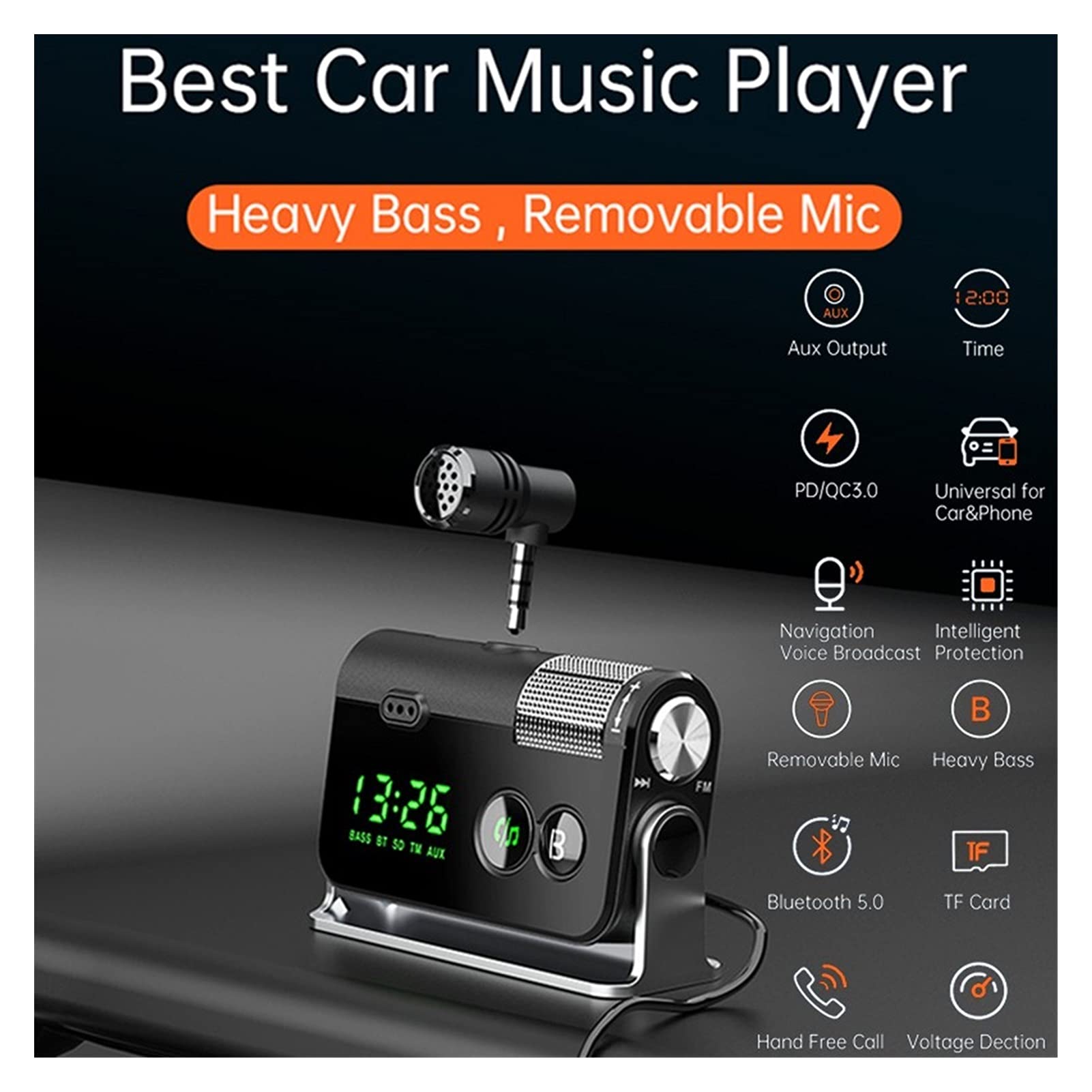 Adattatore Audio Bluetooth. FM. Trasmettitore Bluetooth 5.0 Kit Kit Vivavoce AUX. Ricevitore Audio MP3. Giocatore QC3.0 + PD 18W USB Caricabatterie con Microfono Rimovibile