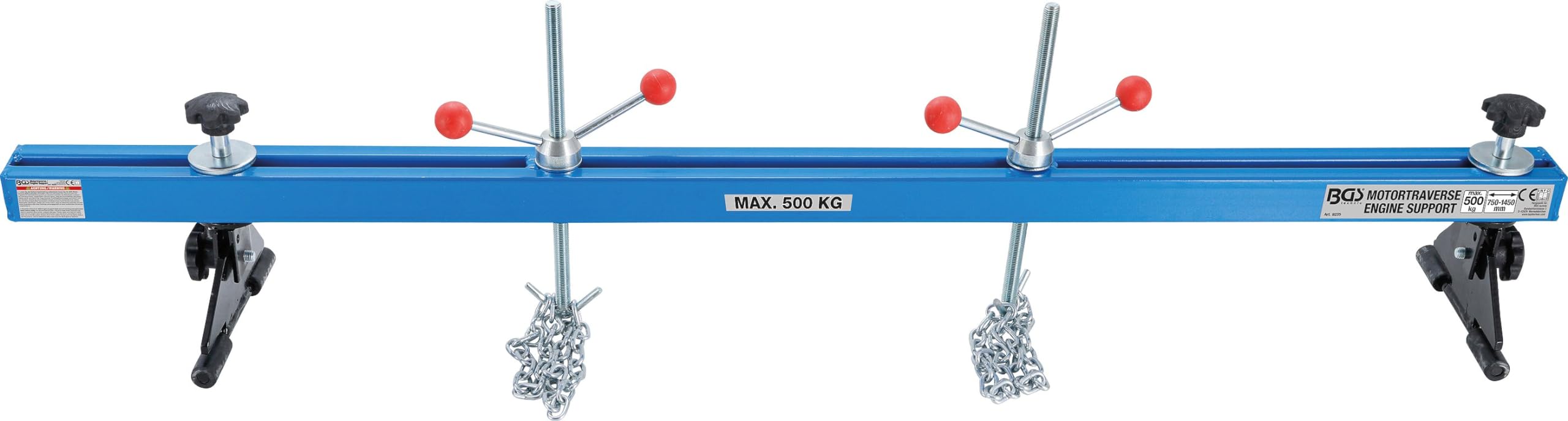 BGS 9235 | Motortraverse XL | 750-1450 mm | Tragkraft 500 kg | Vierkantrohr | Langloch-Breiteneinstellung | Haltehaken M20 x 2,5 | 2 Ketten je 900 mm | Gummischoner zum Kotflügelschutz