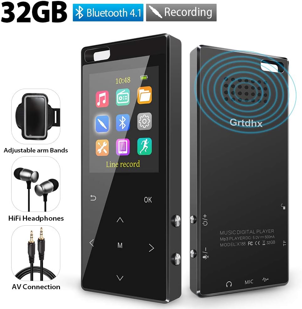 MP3 Player 32GB with Bluetooth 4.2, Hi-Fi Lossless Music Player with FM Radio, Music Recorder, Pedometer, Expandable up to 128GB TF Card, with Armband and Earphone in Gift Packing(Black) by Grtdhx