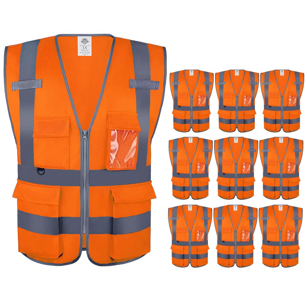 Dazonity High Visibility Safety Vest with Multi Pockets and Zipper, 10 Packs,Reflective Strips, Fit for Men & Women, Work, Construction,Cycling,