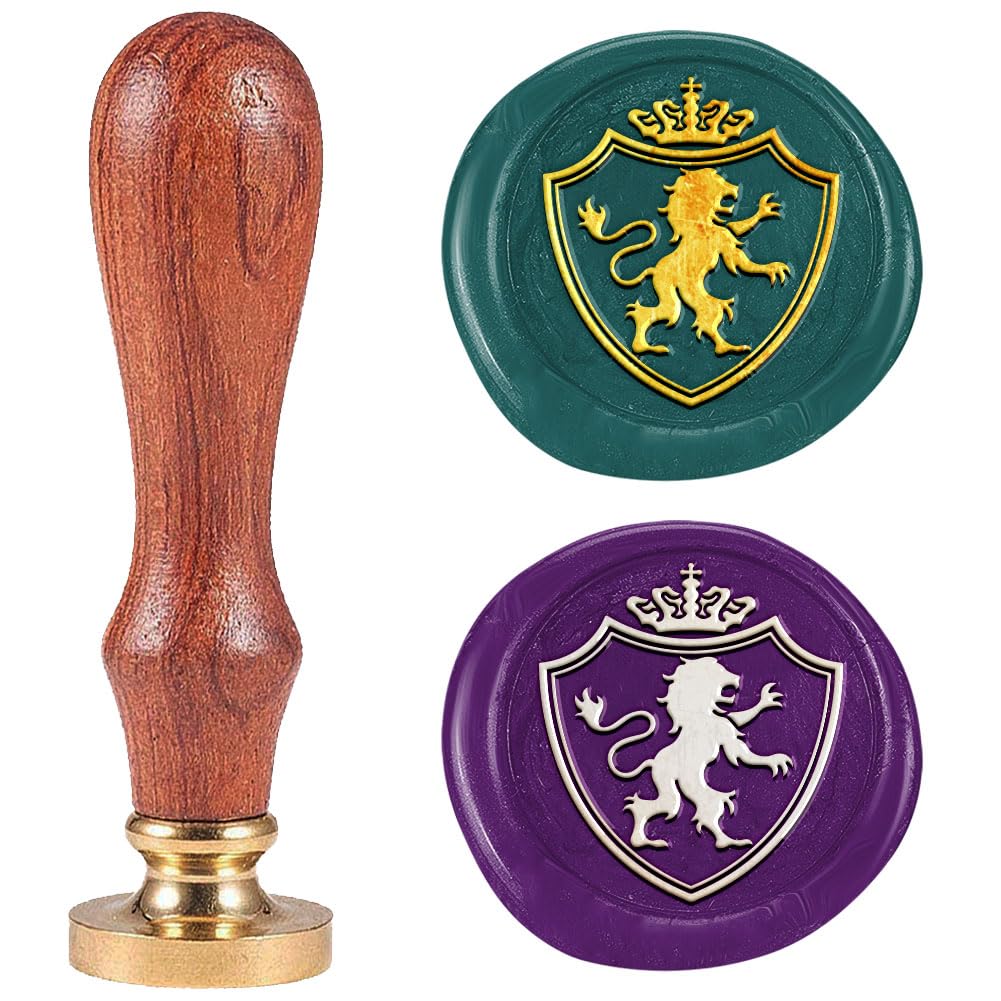 DELORIGIN Medieval Shield Lion Wax Seal Stamp 1" Removable Brass Seal Head with Wooden Handle Vintage Embossed Envelope Punk Sealing Wax Stamp for Invitations Card Festival Gift Packag Craft Decor