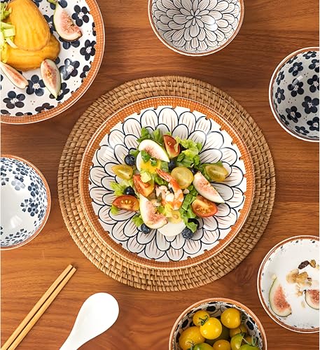 Image of YOMITH Ceramic Dinnerware Set, Floral Design Kitchen and Dining Porcelain Serving Dinner Set 2 Plates, 4 Bowls, 4 Soup Spoon & 4 Wooden Chopsticks, with Gift Box (Set of 14)