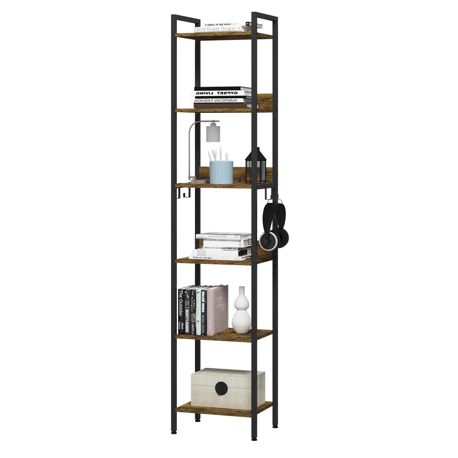 WOLTU Escalera Estantería Negra de Estilo Industrial, Estantería Almacenaje de Madera y Metal con 4 Ganchos Extraíbles, Librería de 6 Niveles para Salón, 40x30x187cm RGB931hov
