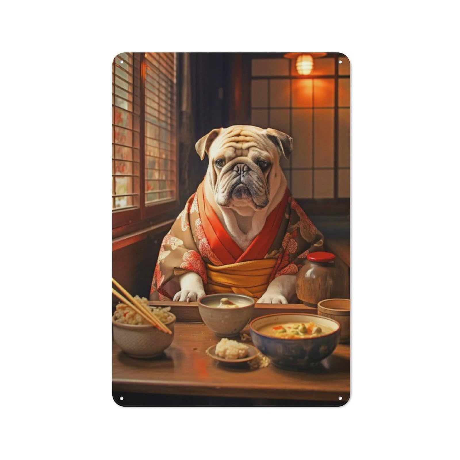 Junmoney Style-14 30X20cm Retro Tin Sign With Bulldog In Kimono At Dinner For Lounge Or Reading Corner, A Decorative Metal Sign For Lounges And Reading Corners