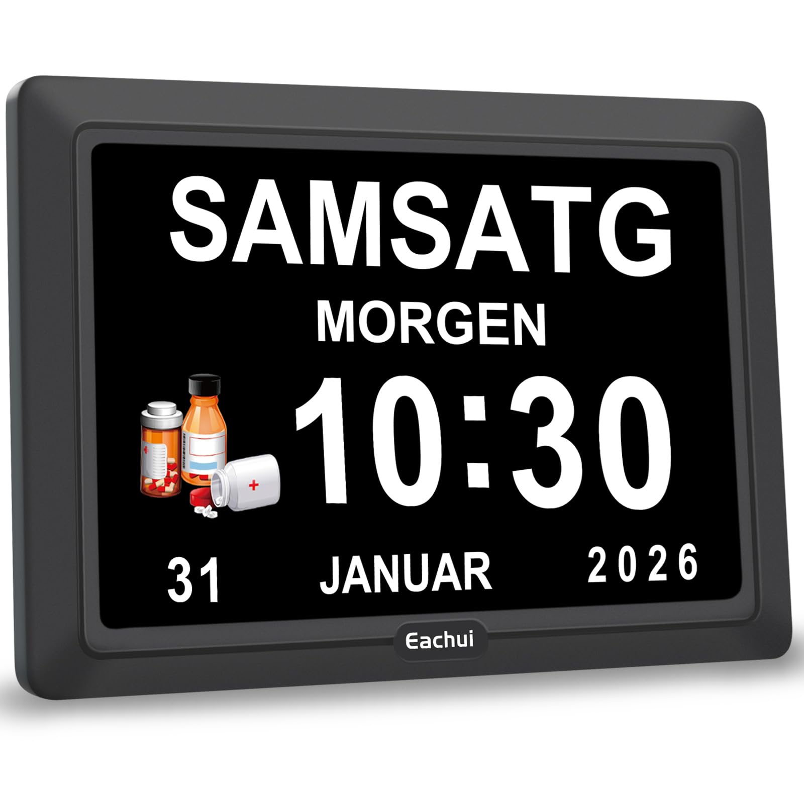 Eachui Digitaler Demenz Uhr Großes Display für Senioren,Plug in(7 Zoll) | Datum Tag der Woche Kalender Uhr 20 Erinnerungen 3 Klingeltöne 10 Stufen Lautstärke, Auto DST