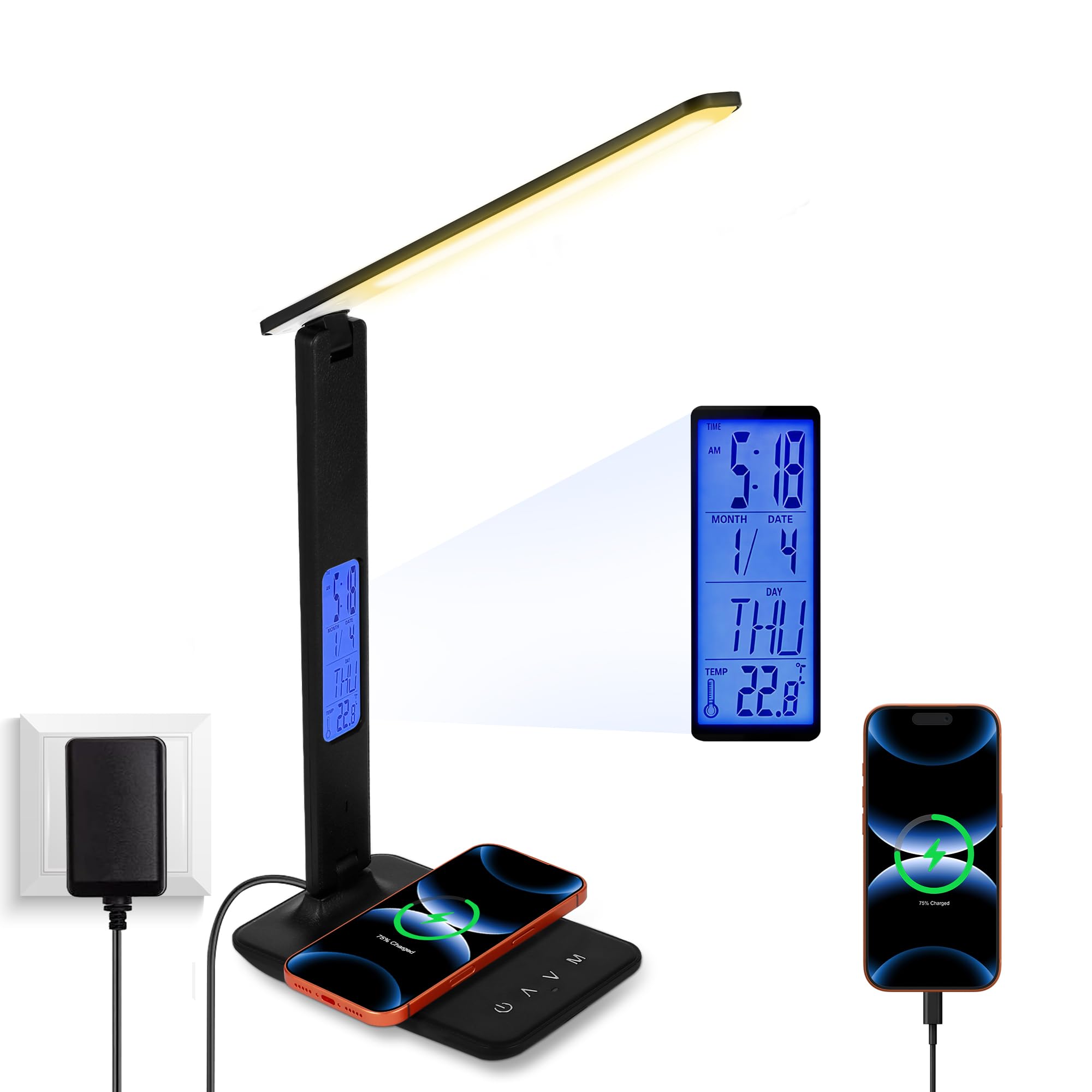 KAYSENSUK Schreibtischlampe LED Dimmbar, Tischlampe mit Kabelloses 10W Laden, USB Ladeanschluss, Uhr Wecker Thermometer, Augenschutz Blendfreies Licht für Büro Schlafzimmer Homeoffice