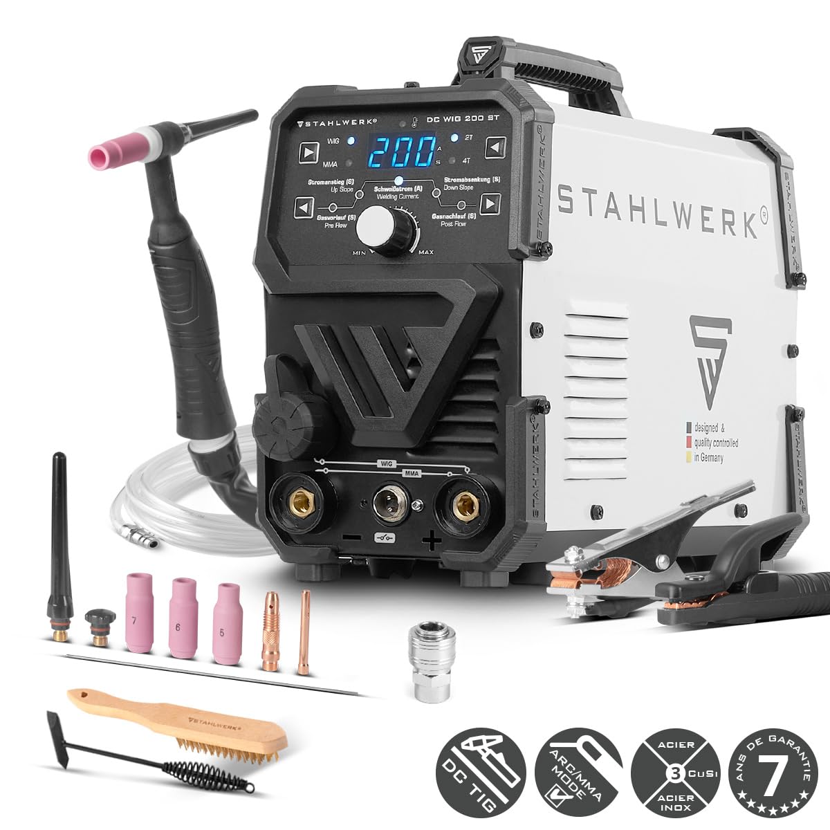 STAHLWERK Poste à souder 2-en-1 combiné DC TIG 200 ST – TIG & MMA (électrode enrobée/ARC) jusqu’à 200 A, amorçage HF, Hot Start, Anti-Stick, adapté à l’acier, inox, cuivre et laiton, pas d’aluminium