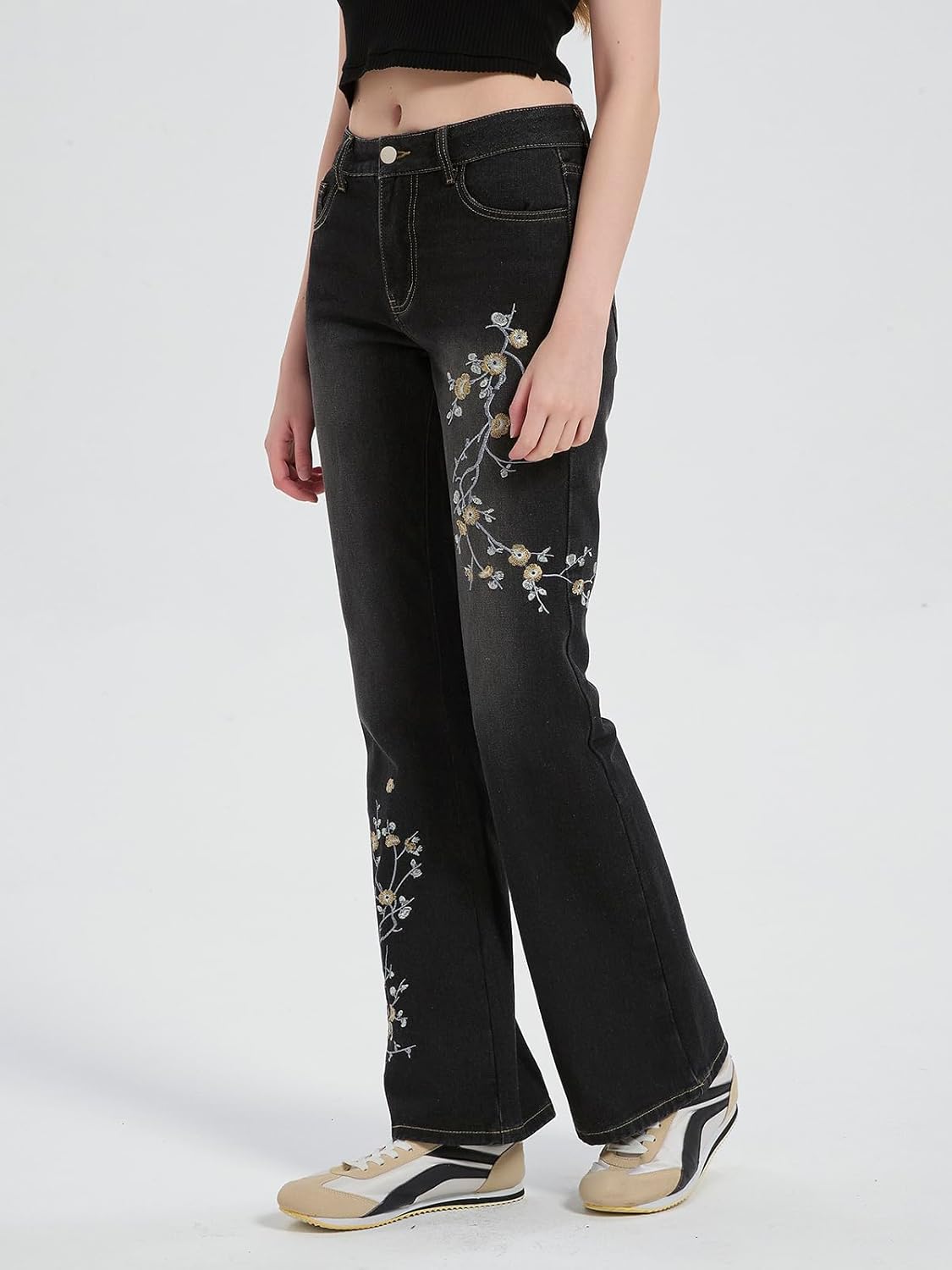 Xineicy Women Bell Bottom Jeans Y2k Low Waist Flare Embroidery Vintage Bootcut Denim Pants - Image 5