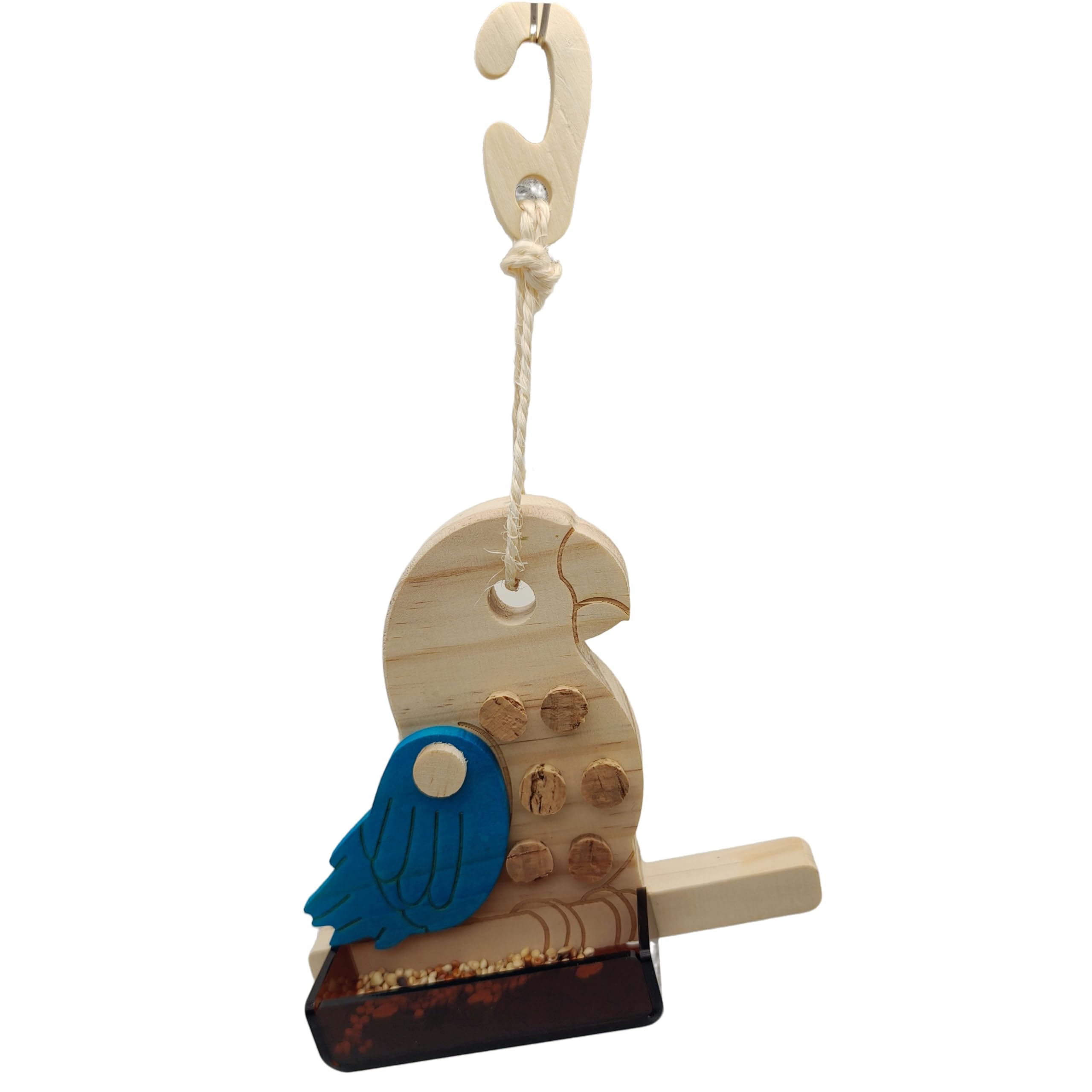 4-in-1 Wooden Parrot Foraging Toy, Natural Cork Puzzle Feeder with Teal Acrylic Bowl, Interactive Food Hiding Game for Conures and Cockatiels, Includes 12 Replacement Corks
