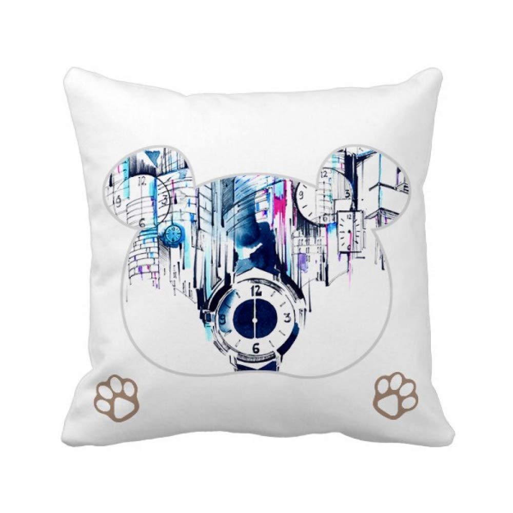 Housse de coussin carrée déco salon motif ours horloge aquarelle