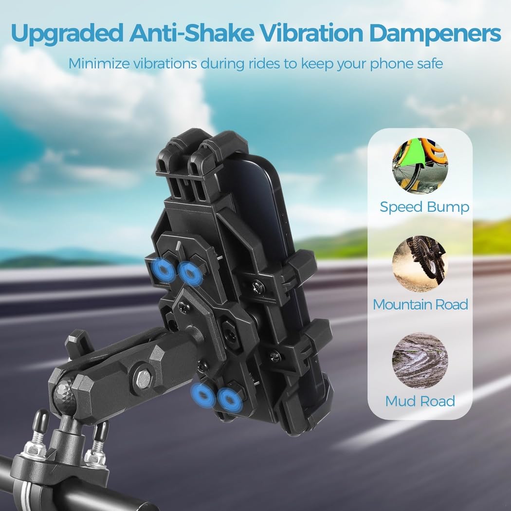 Supporto per telefono in alluminio per moto, antivibrazione con compatibilità da 4,7 a 7,2, morsetto regolabile per manubrio, moto, scooter e biciclette