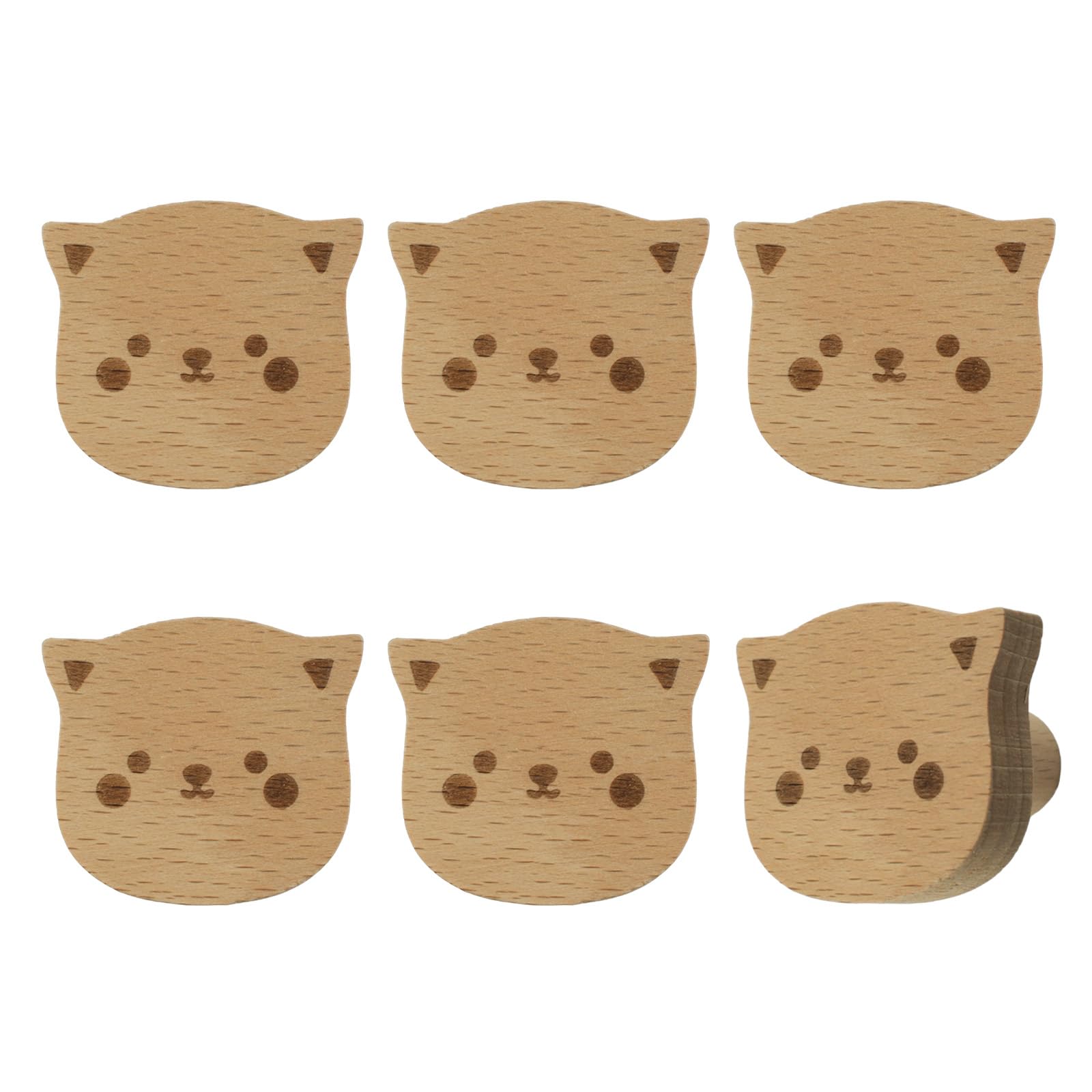 MOROBOR 6PCS Cat Shaped Wooden Knobs Single Hole Beech Wood Handles Wood Cupboard Cabinet Handle for Chest of Drawers with Stickers