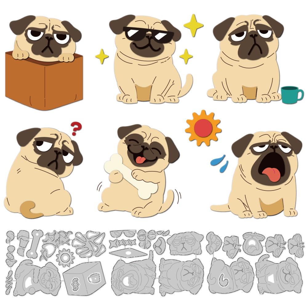 DELORIGIN Pug Dog Cutting Dies Funny Card Making Die Stencil Carbon Steel Die Cuts Card Scrapbooking Embossing Template Dies for Greeting Cards Craft Paper Album Birthday Invitation Decor