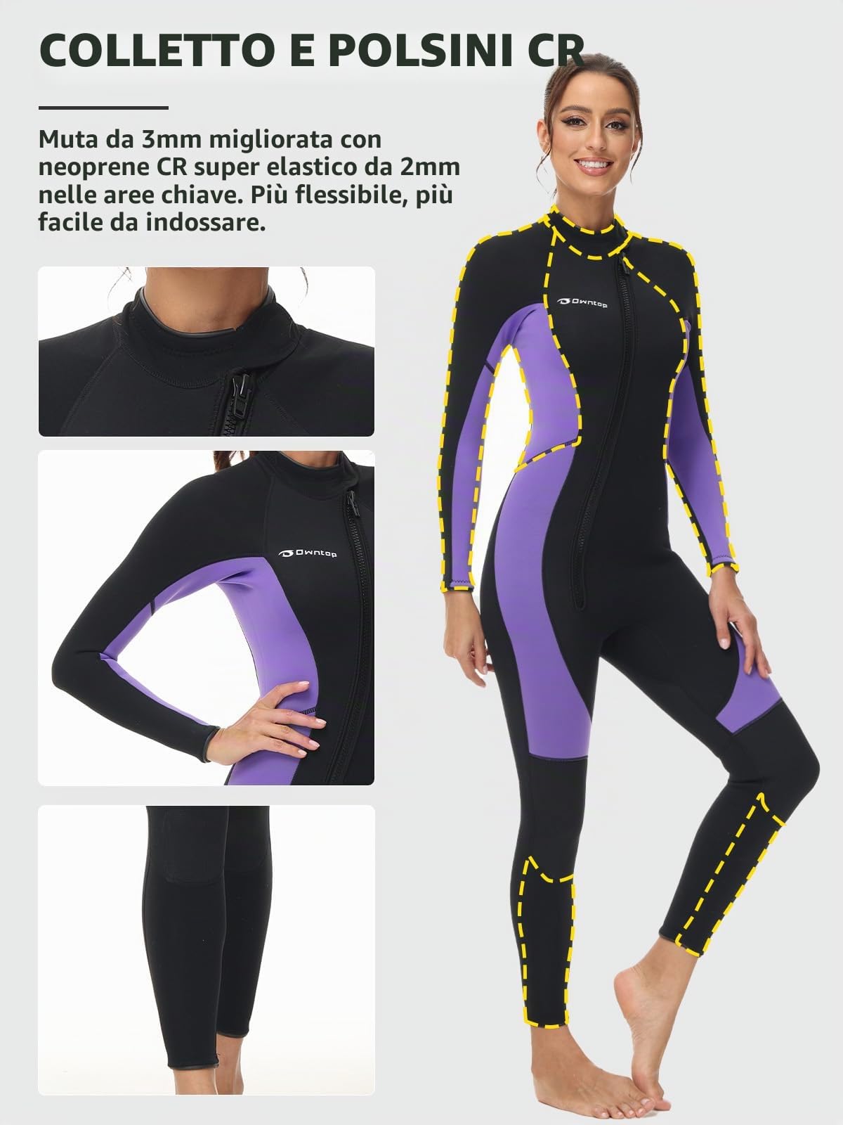 Owntop Muta da Donna 3/2mm - Muta da Sub Completa con Zip Frontale, Stretch Pro Neoprene Wetsuit Termica Lunghezza Completa per Surf Snorkeling, Donna Purple S
