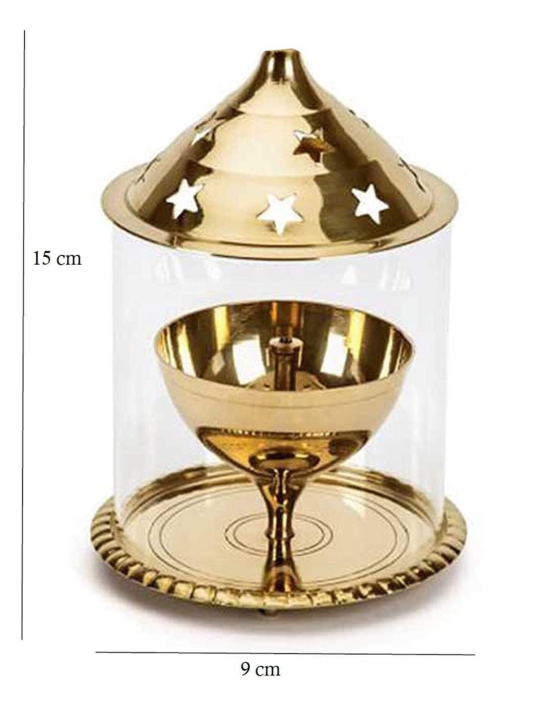 Lampada a olio Diya in ottone con copertura in vetro – Tradizionale Puja Deepak per casa e tempio – Fiamma durevole con elegante design a stelle