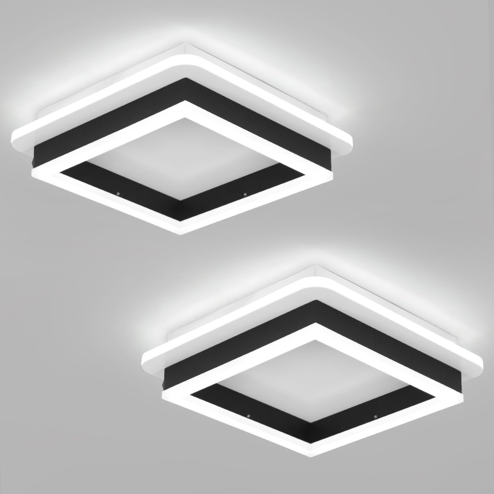 CANEOE 2 Packs Square Flush Mount Ceiling Light 6000K Black Modern LED Ceiling Light Fixture Minimalist Hallway Lighting