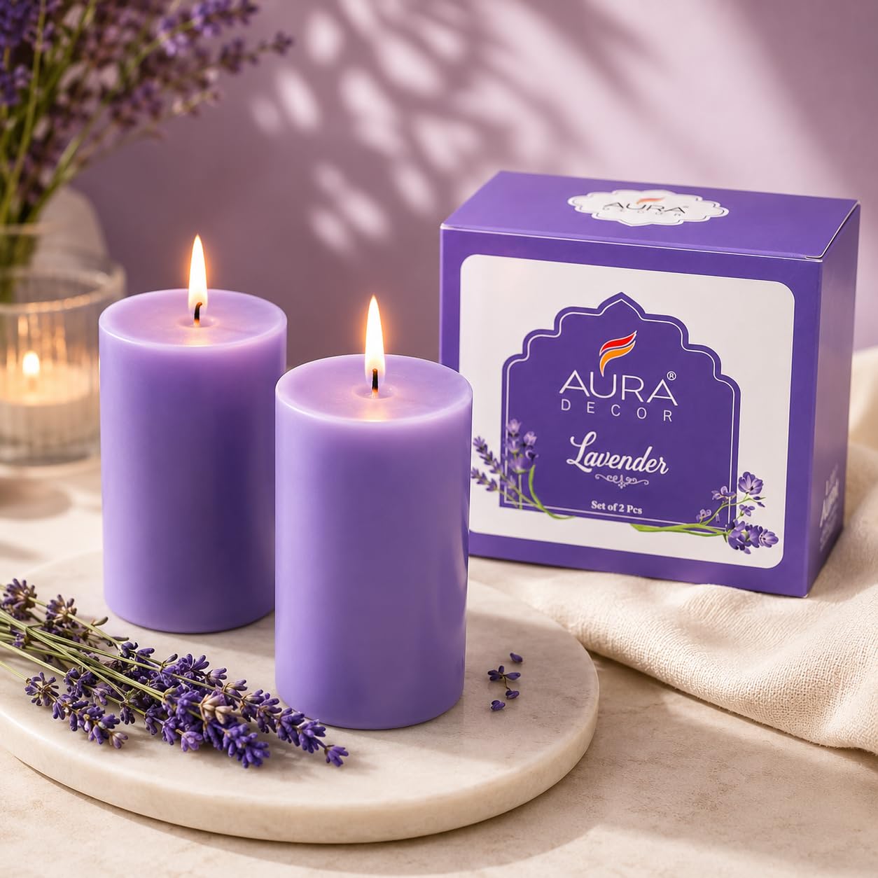 AuraDecor Lavender Scented Pillar Candles Set of 2 | 25 Hours Burn Time | Essential Oil | Smokeless & Long Clear Burn | Paraffin Wax | Aromatherapy Candles for Home Décor, Relaxation & Gifting-image-2